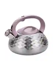 Серый металлик чайник со свистком MARTA MT-3086 3 л, нерж. сталь, розовый мрамор