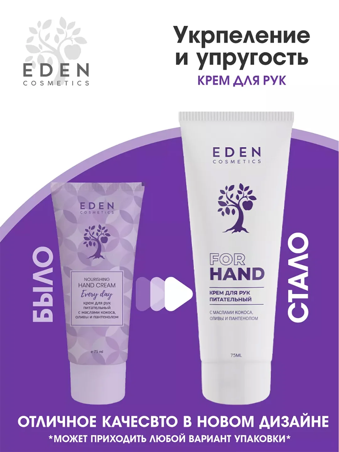 Крем для рук EDEN, питательный, с маслами кокоса, оливы и пантенолом, 75 мл