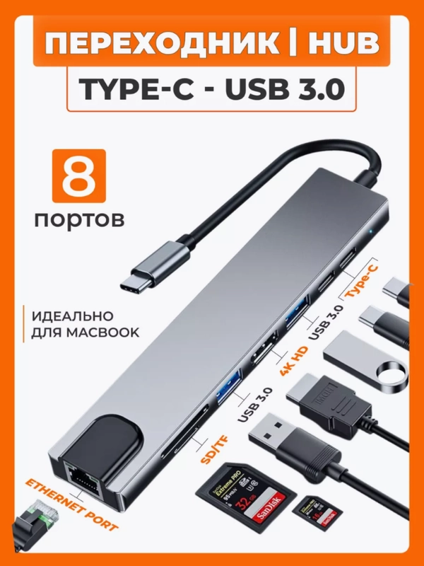 USB Концентратор на 8 портов: USB, Type-C, HDMI, Ethernet, microSD, SD. Разветвитель, хаб