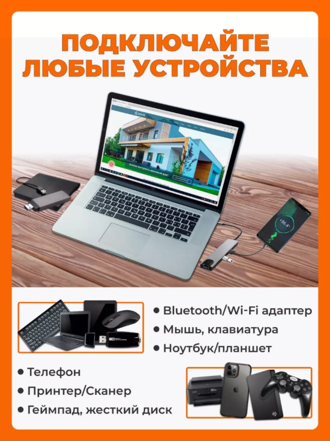 USB Концентратор на 8 портов: USB, Type-C, HDMI, Ethernet, microSD, SD. Разветвитель, хаб