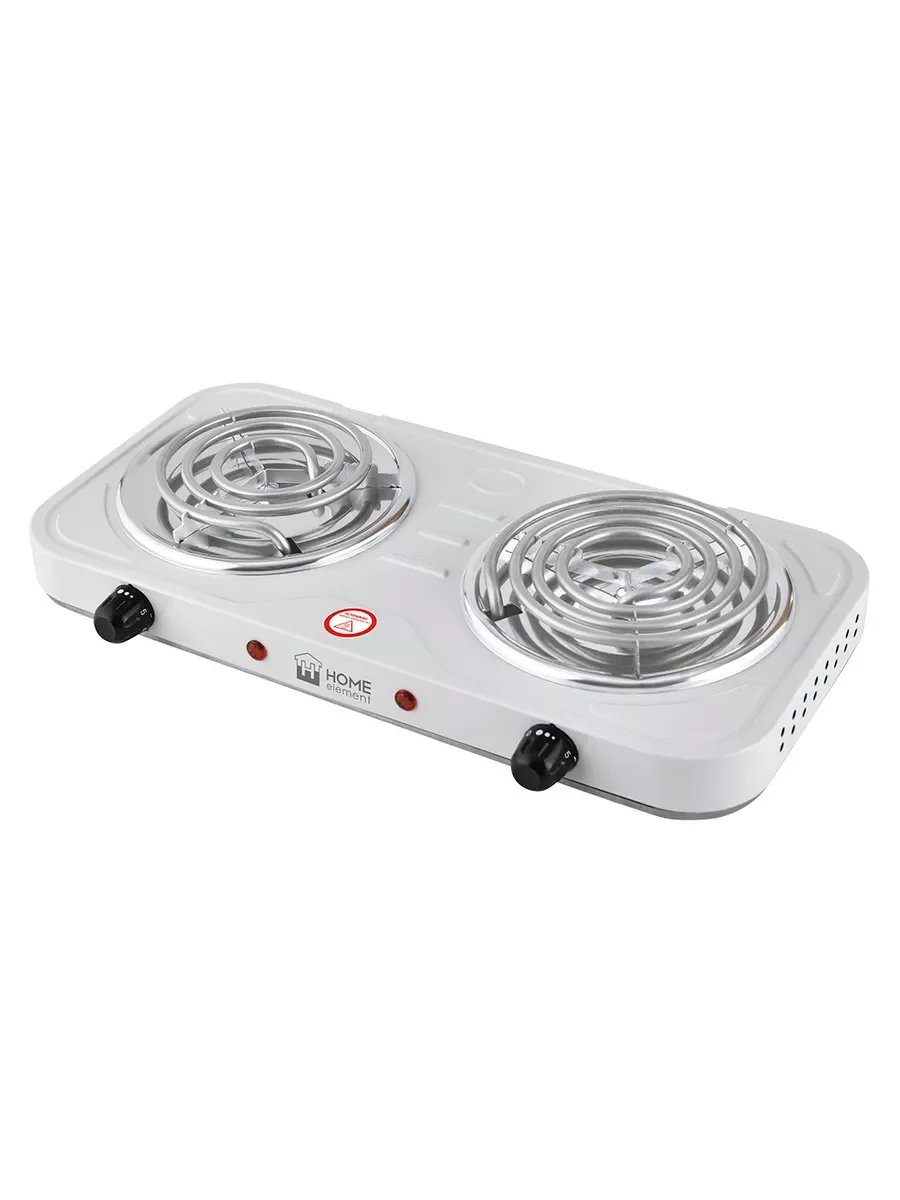 Серый металлик плитка электрическая настольная HOME ELEMENT HE-HP721B, 2 конфорки, d14, белый
