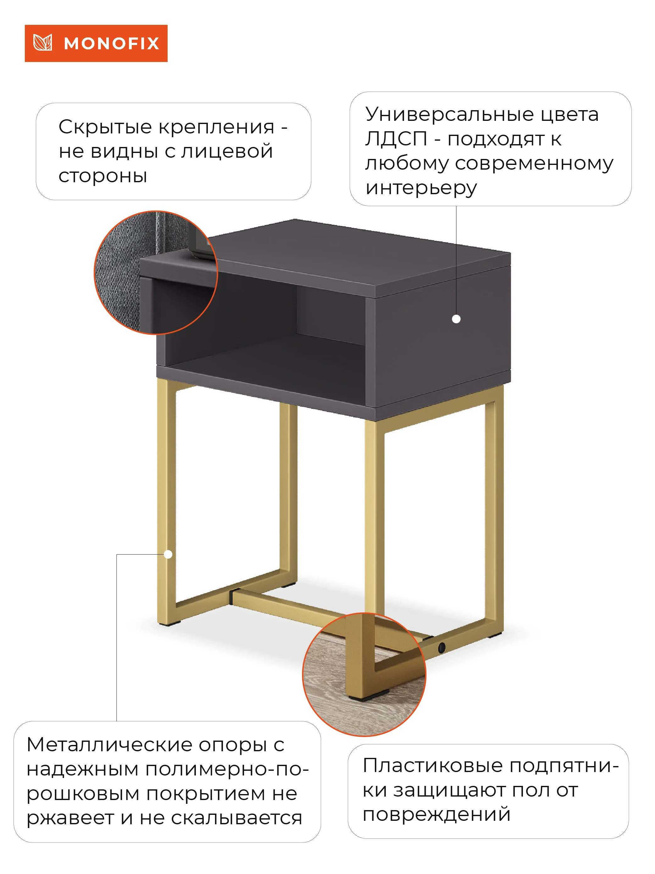 Угольный прикроватная тумба напольная, на золотых металлических ножках