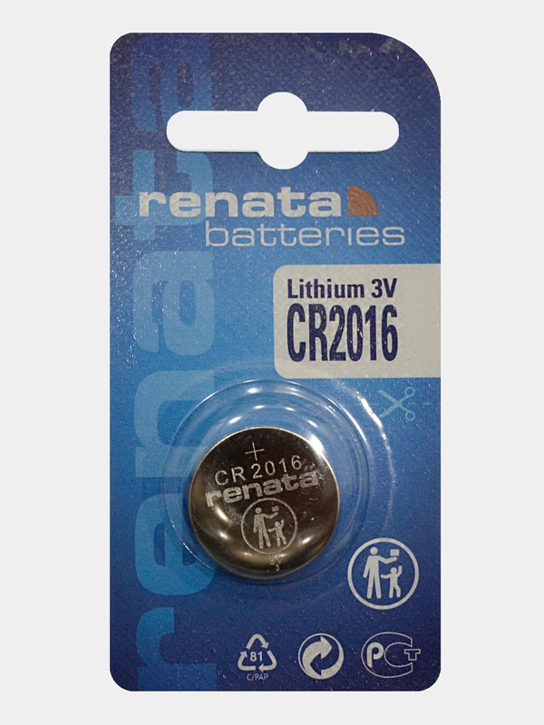 Батарейка Renata CR2016 (CR/BR2016), 3V, 80 mAh, Китай, 1 штука в блистере