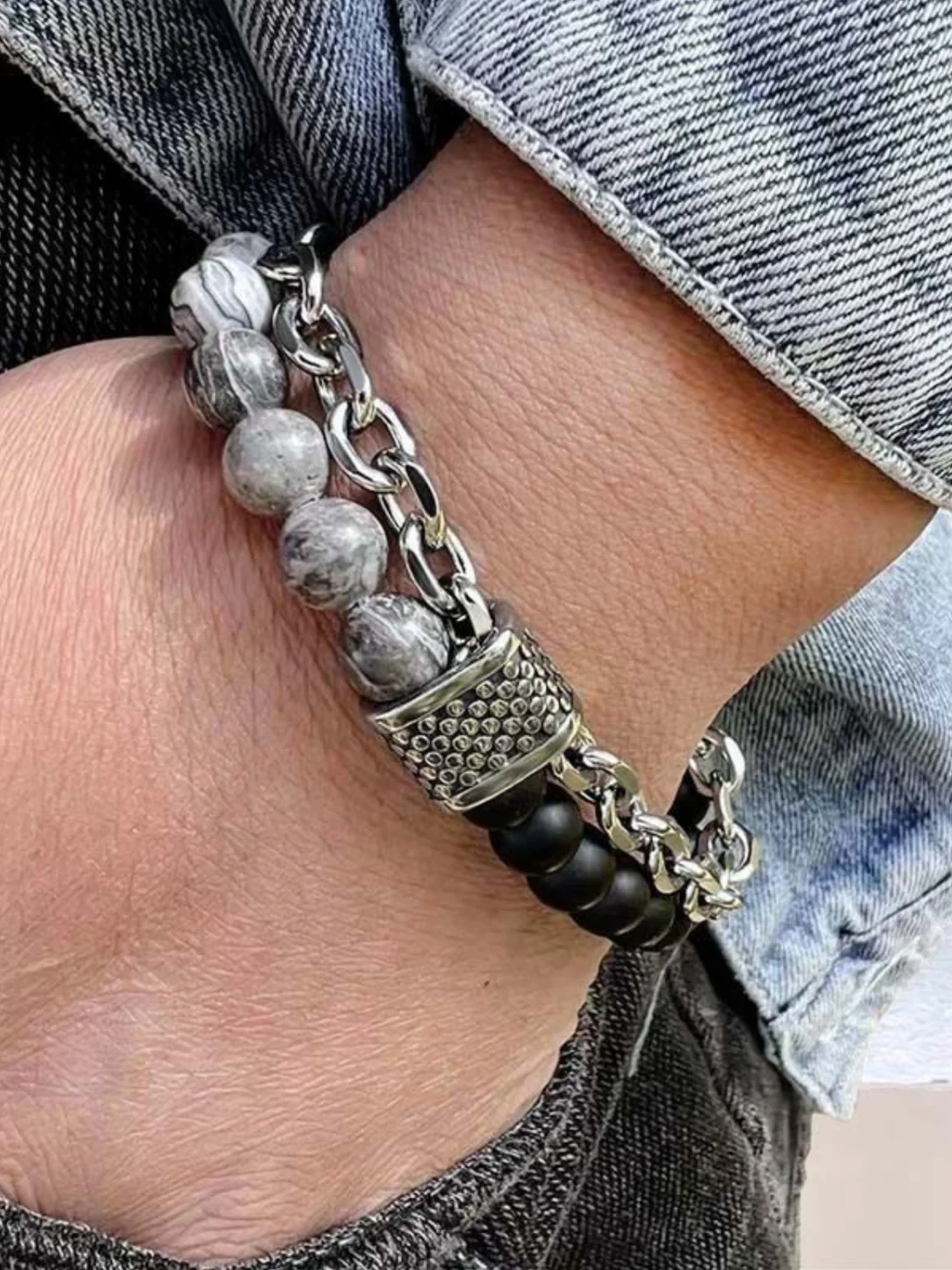Серый меланж браслет мужской из натурального камня, на руку, ручная сборка