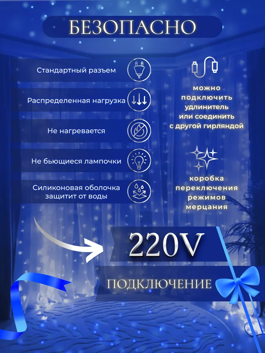 Синий гирлянда-штора на окно новогодняя