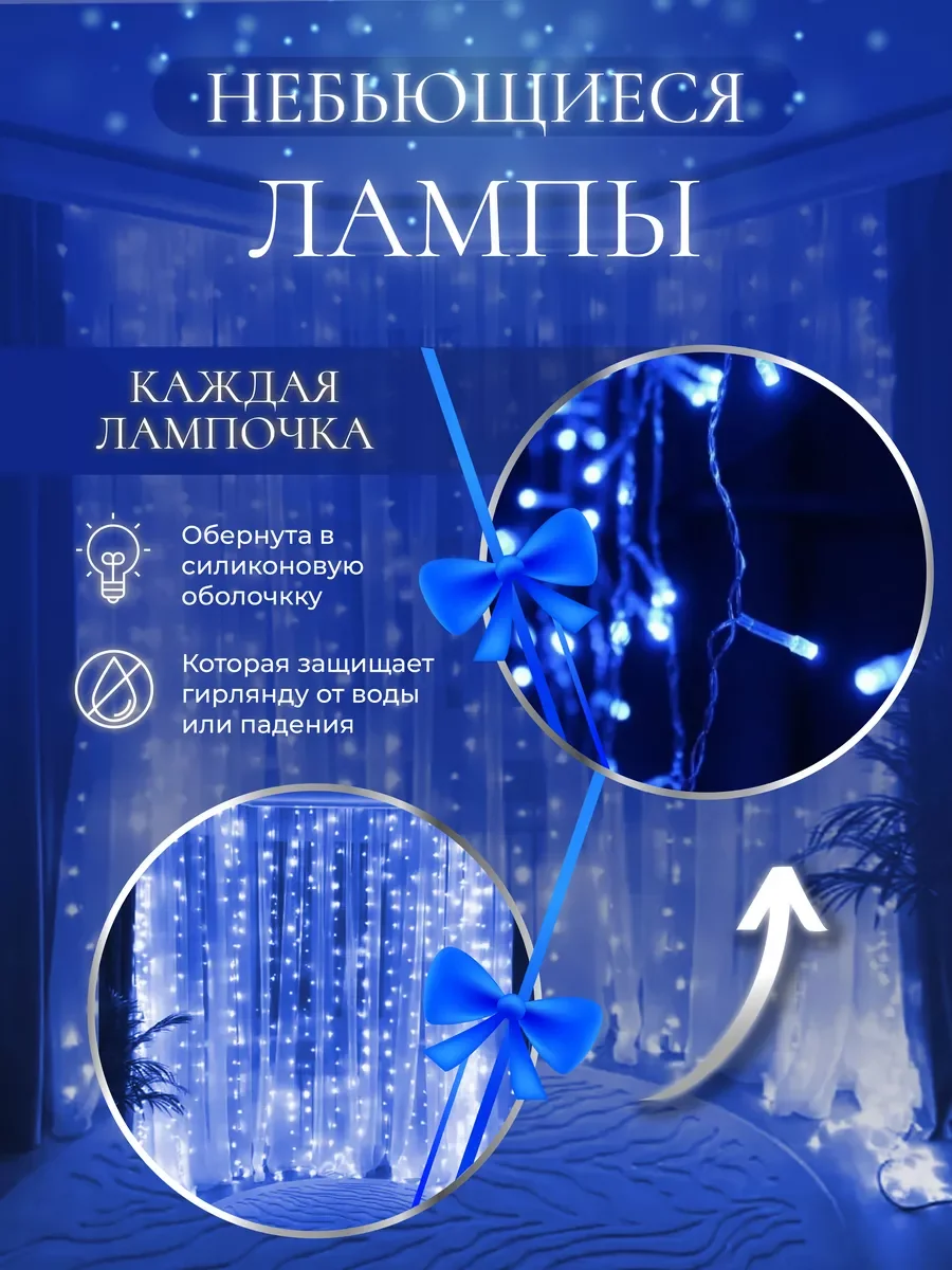 Синий гирлянда-штора на окно новогодняя