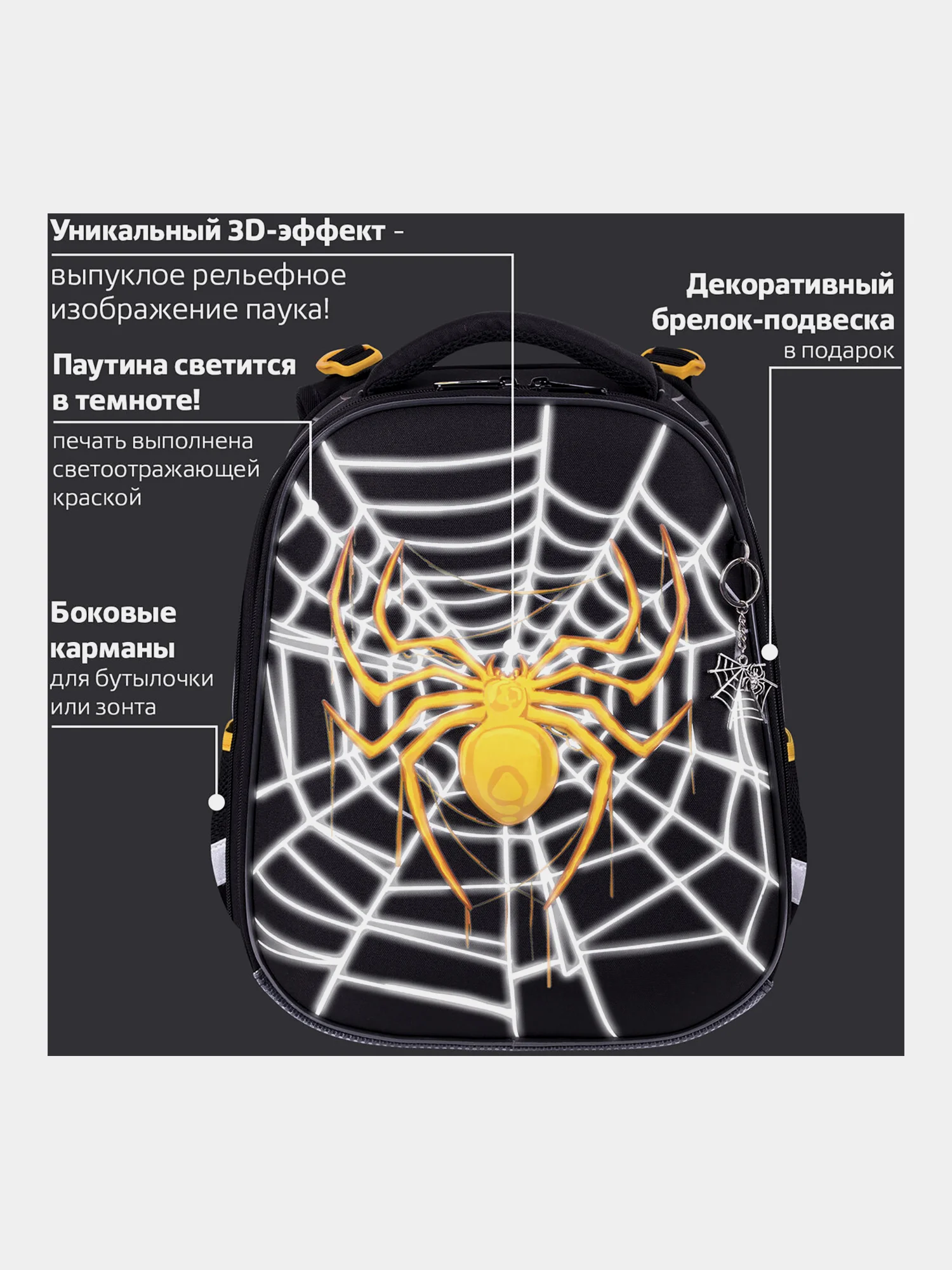 Рюкзак школьный для мальчика Brauberg 2 отделения, с брелком, Venomous spider, 271355