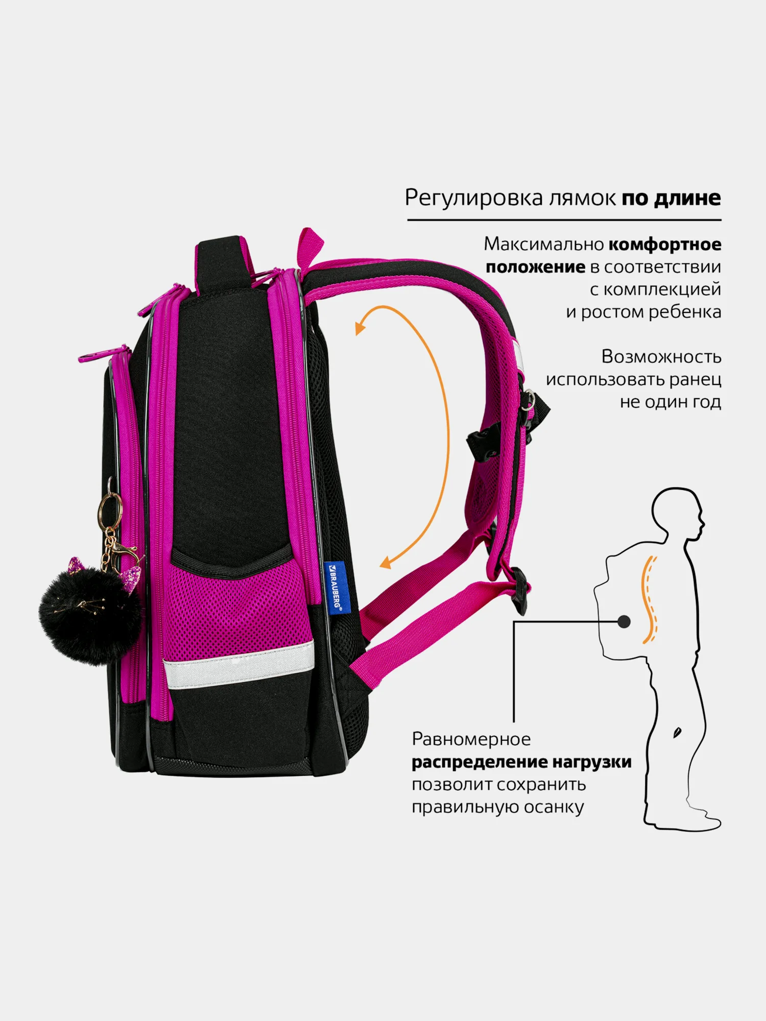 Рюкзак школьный для девочки Brauberg Quadro, 3 отделения, с брелоком, Black cat, 271358