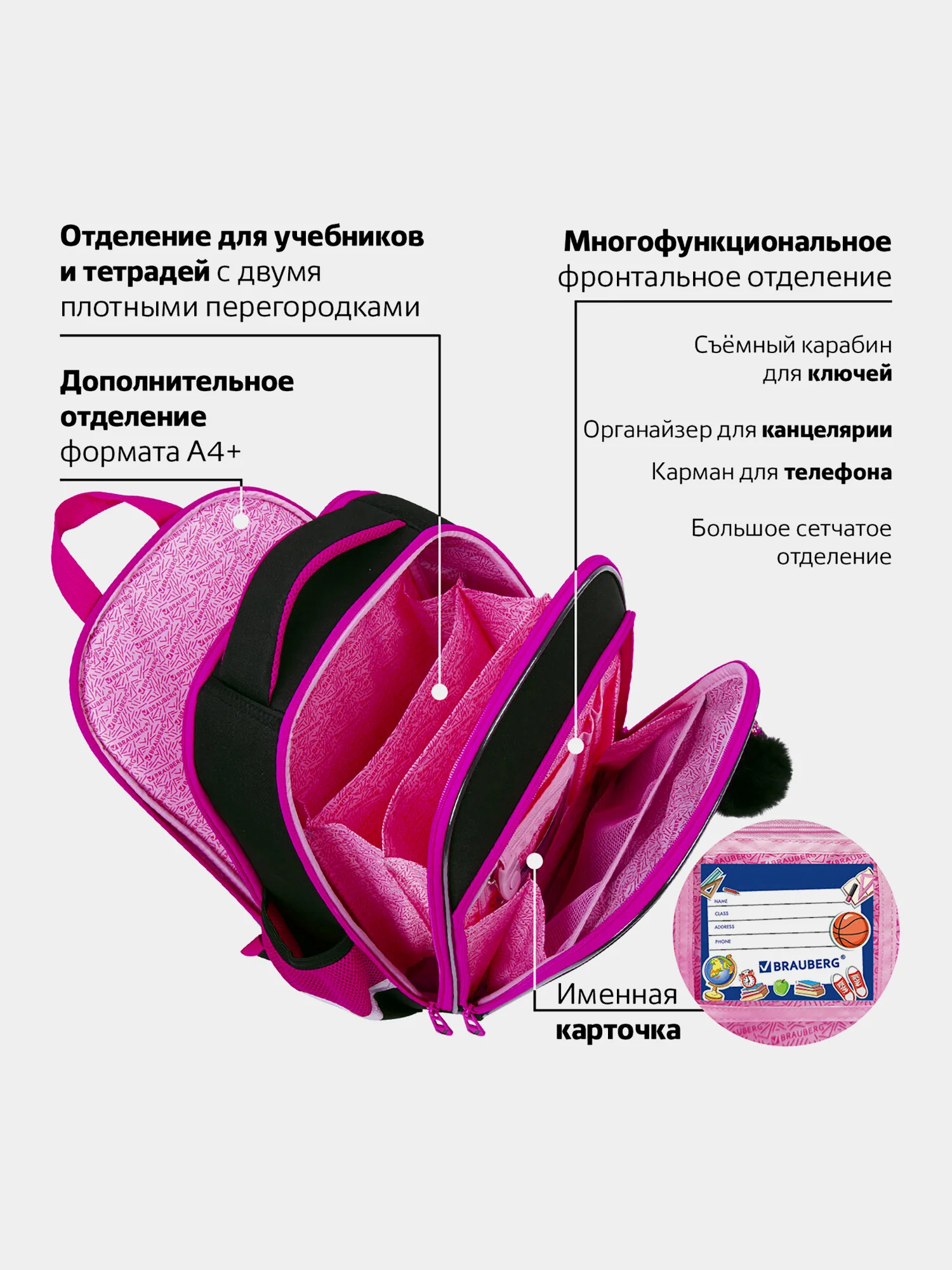 Рюкзак школьный для девочки Brauberg Quadro, 3 отделения, с брелоком, Black cat, 271358