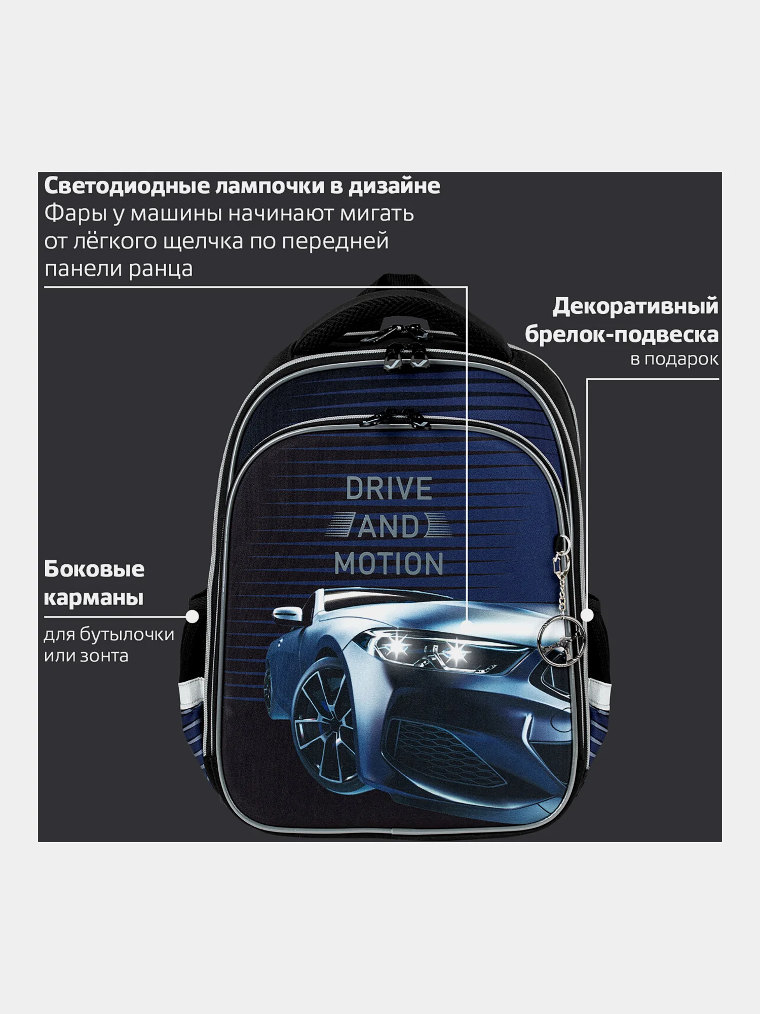 Рюкзак школьный для мальчика Brauberg Quadro, 3 отделения, с брелоком, Sport car, 271359