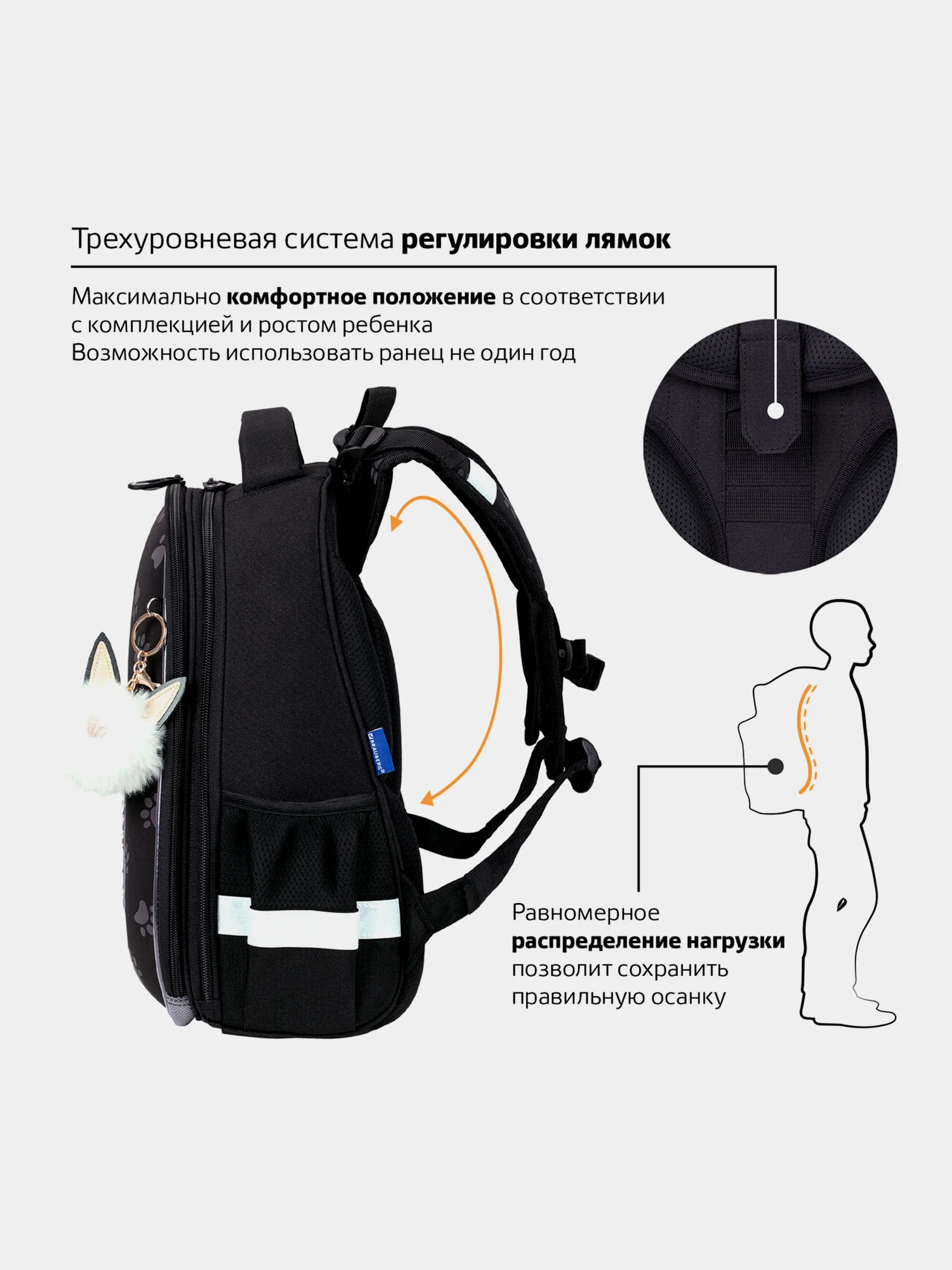 Рюкзак школьный для девочки Brauberg 2 отделения, с брелоком, Paws, Светящийся, 271366