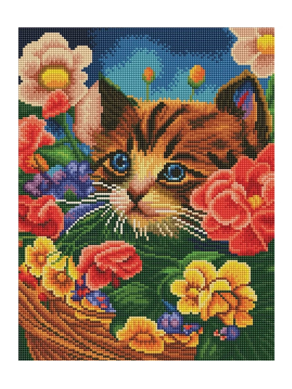 Алмазная мозаика ТРИ СОВЫ "Котенок в цветочной корзине", 30х40 см, холст подрамнике