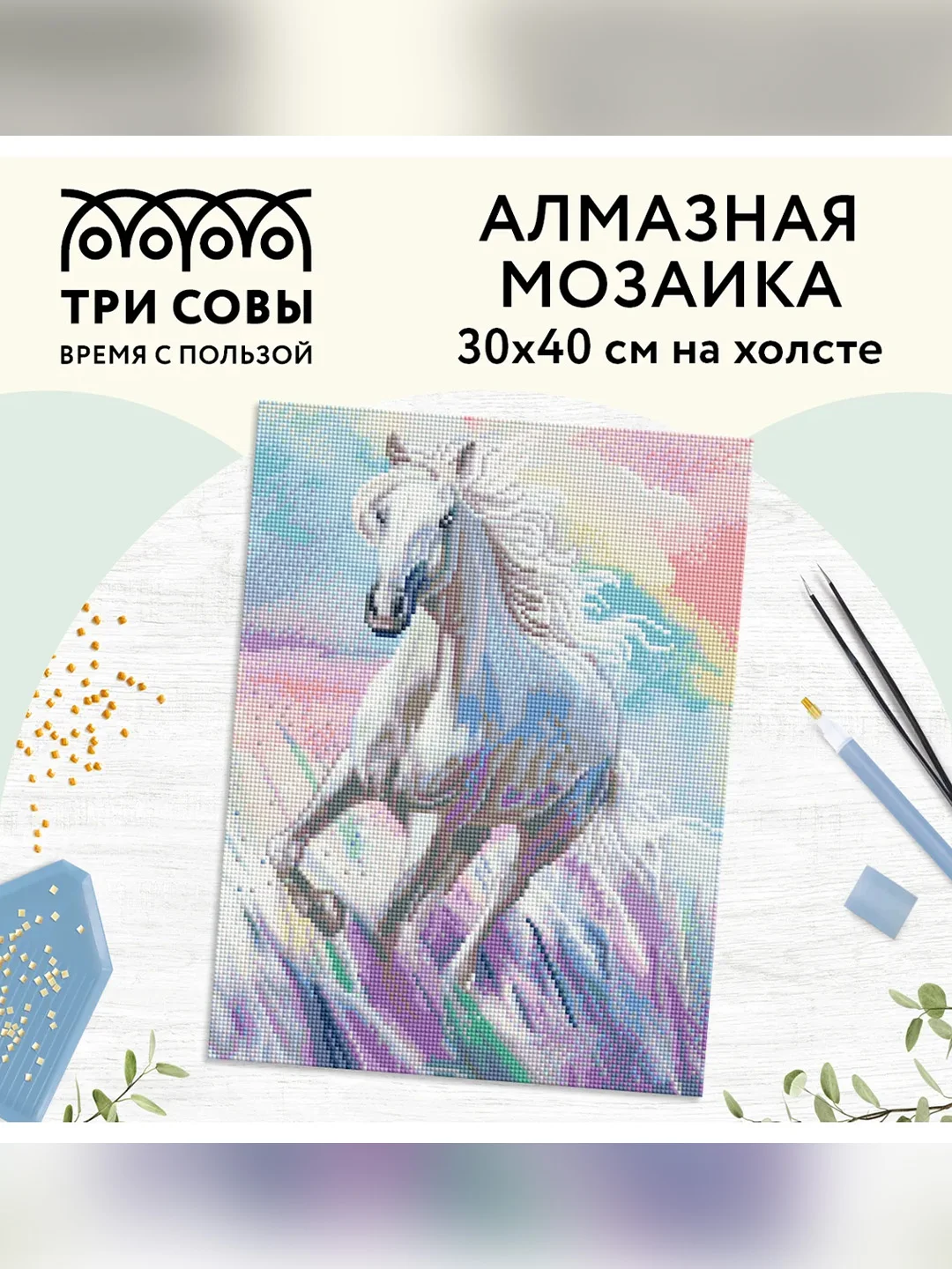 Алмазная мозаика ТРИ СОВЫ "Белая лошадь", 30х40 см, холст