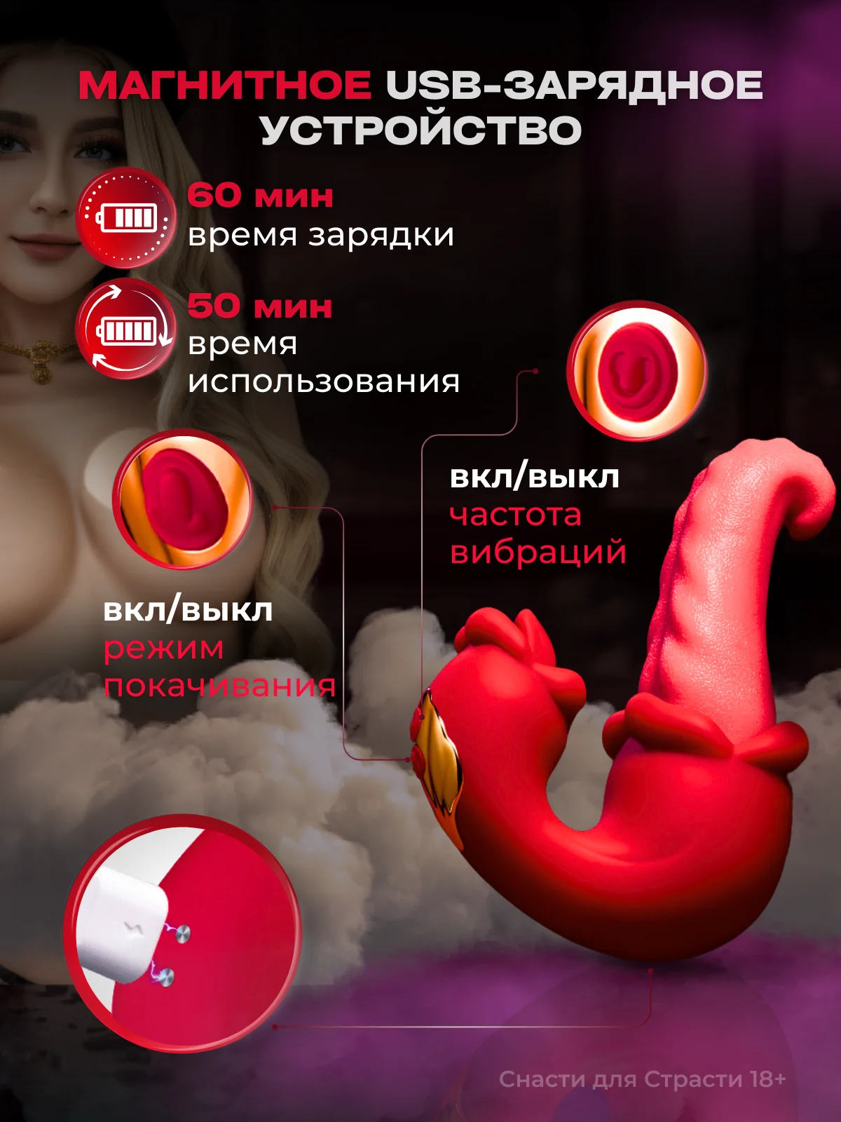 Вибратор для женщин с языком и губами. Цвет красный. Гель смазка в подарок