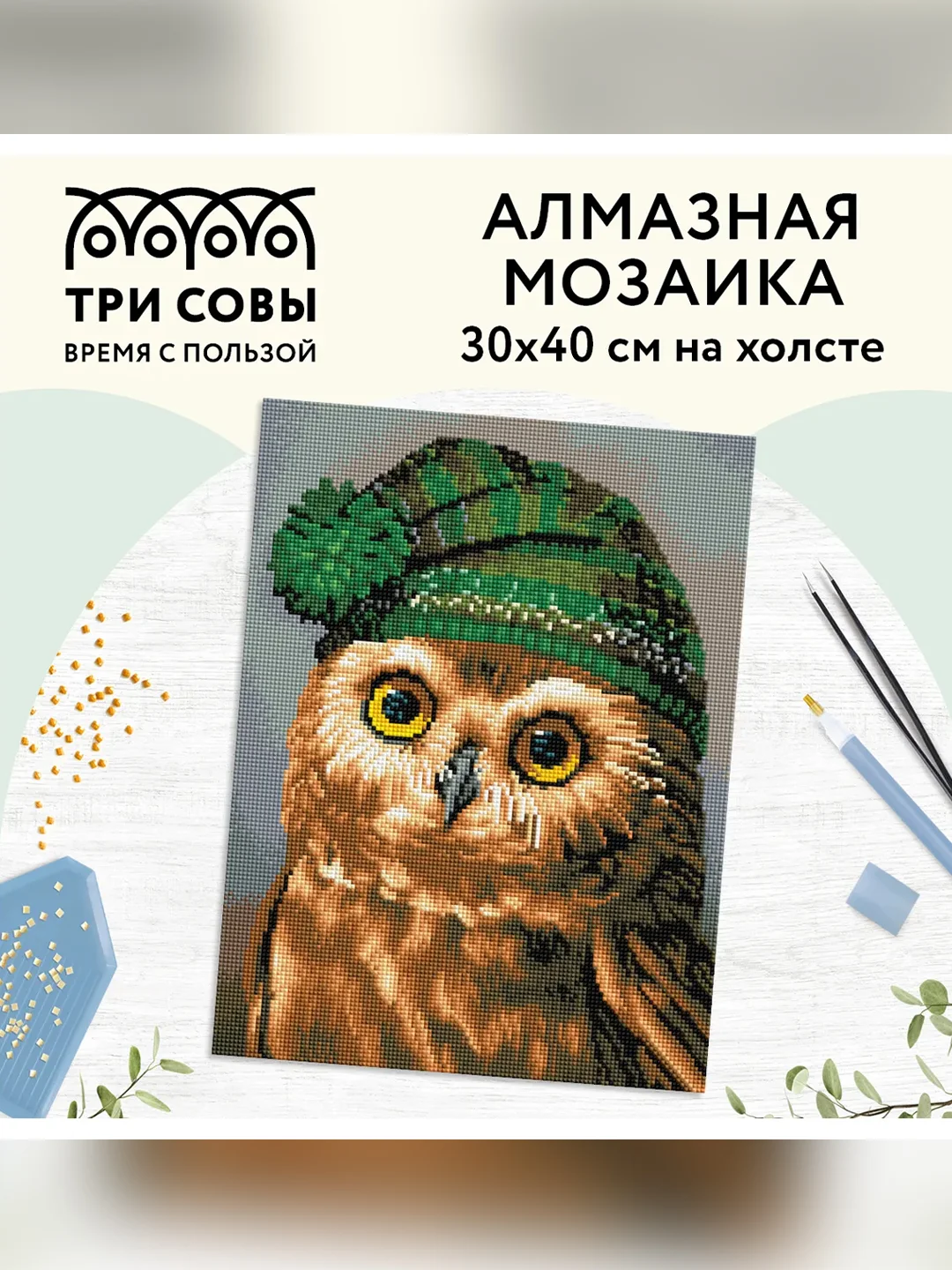 Алмазная мозаика Три совы "Сова", холст, картонная коробка с пластиковой ручкой, 30х40 см