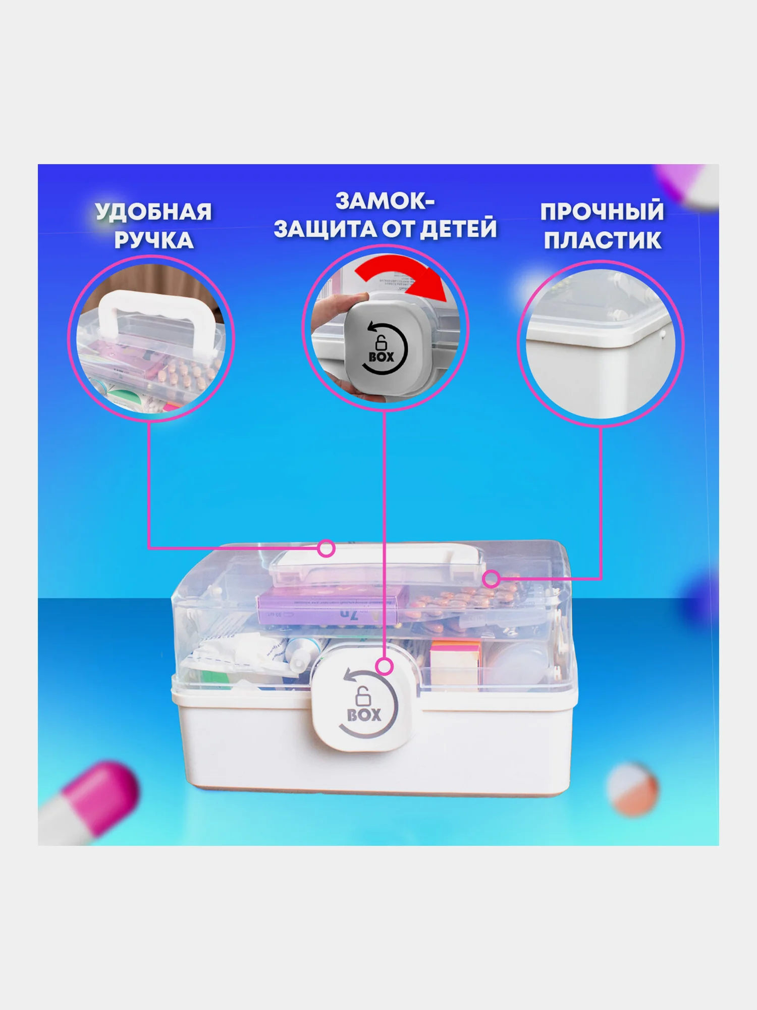 Аптечка домашняя контейнер, органайзер для лекарств и витаминов размер L Daswerk, 608476