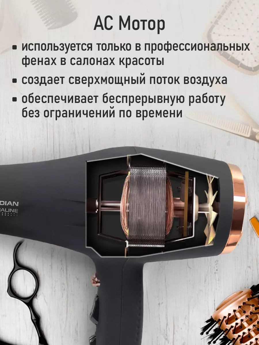 Черный фен для волос OBSIDIAN BS-HD504A PRO / 2600W/ технология ТУРМАЛИН ИОН/ черный гранит