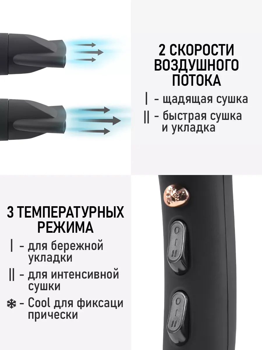 Черный фен для волос OBSIDIAN BS-HD504A PRO / 2600W/ технология ТУРМАЛИН ИОН/ черный гранит