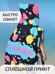 Черный халат, полотенце пончо детское пляжное банное с капюшоном, 60*120 см, микрофибра 100%, 1 шт