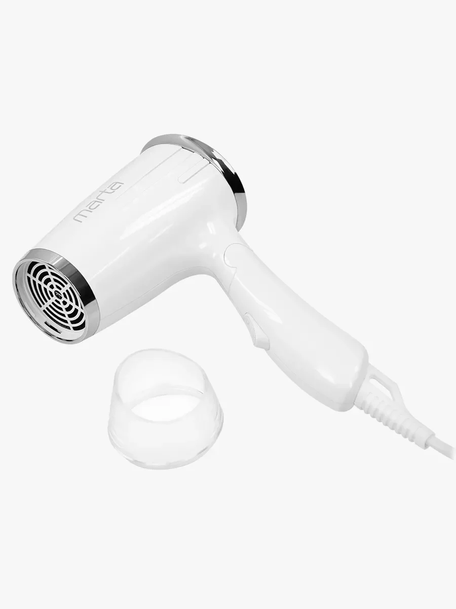 Белый фен MARTA MT-HD1404A MAX 1800W 2 режима работы, складная ручка / белый жемчуг