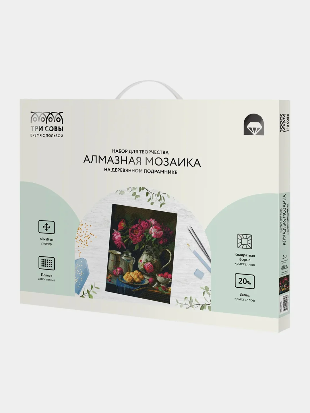 Алмазная мозаика ТРИ СОВЫ "Пионы и клубника", 40х50 см, холст на деревянном подрамнике