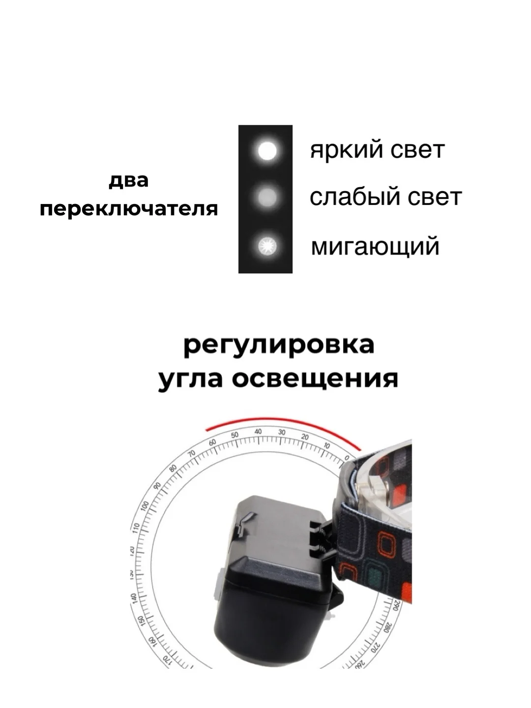 Фонарь налобный светодиодный 3 режима поворотный