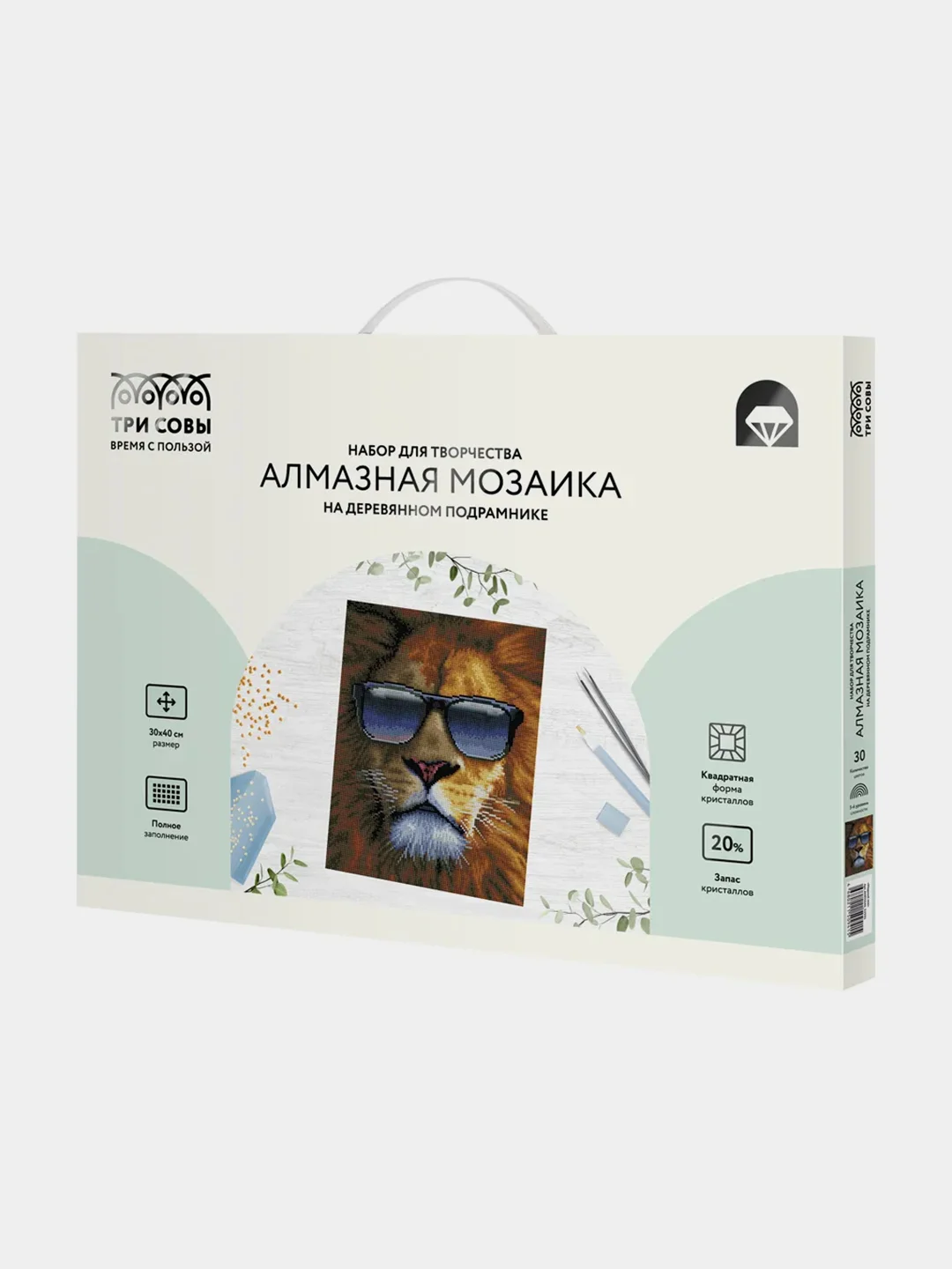 Алмазная мозаика Три совы "Модный лев", холст на деревянном подрамнике, 30х40 см