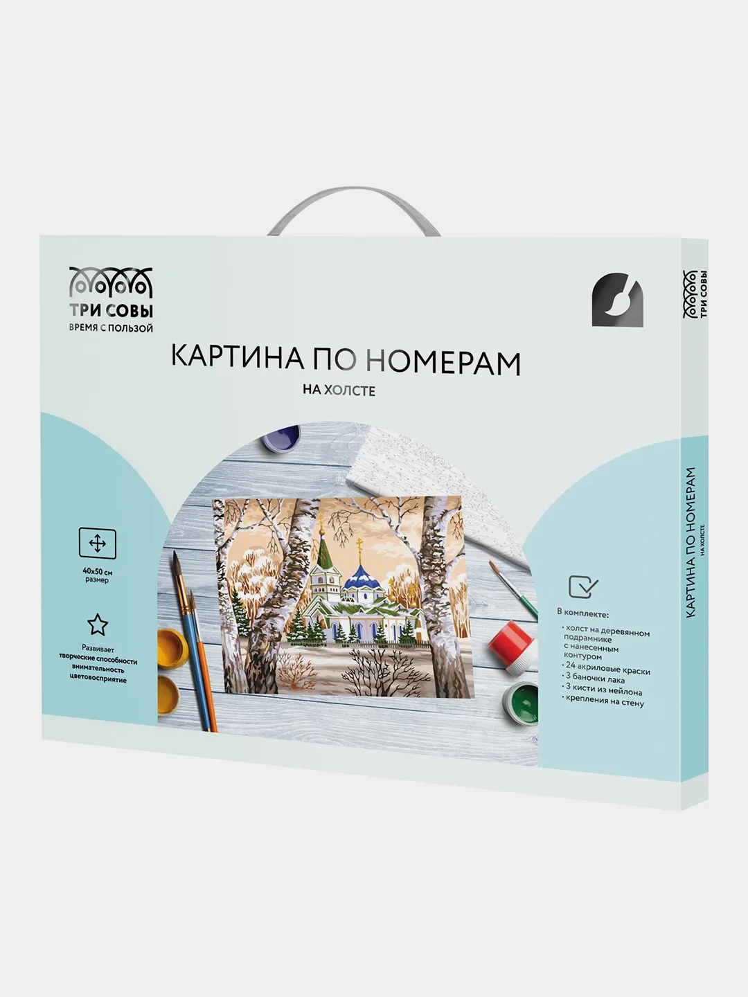 Картина по номерам на холсте Три совы "Собор", с акриловыми красками и кистями, 40х50 см