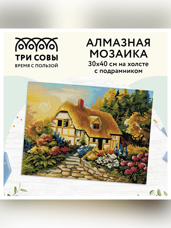 Алмазная мозаика Три совы "Сказочная избушка", холст на деревянном подрамнике, 30х40 см