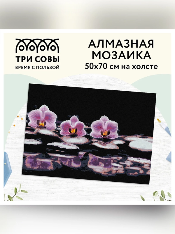 Алмазная мозаика Три совы "Орхидеи", холст, 50х70 см