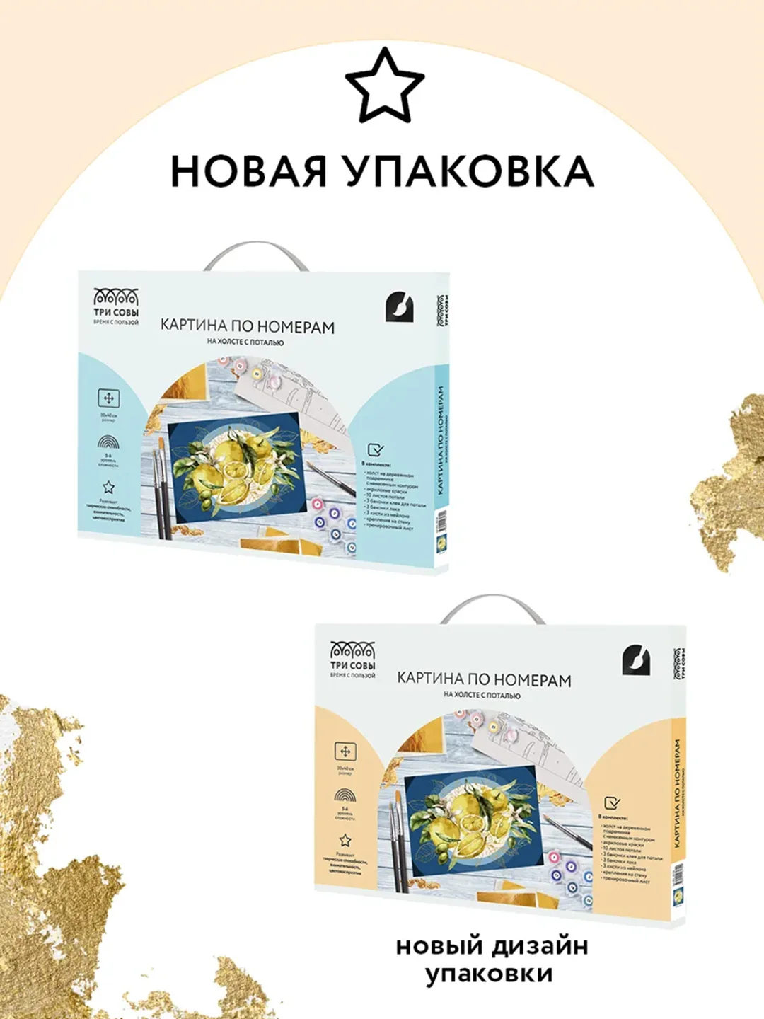 Картина по номерам на холсте Три совы "Лимоны", с поталью, красками и кистями, 30х40 см