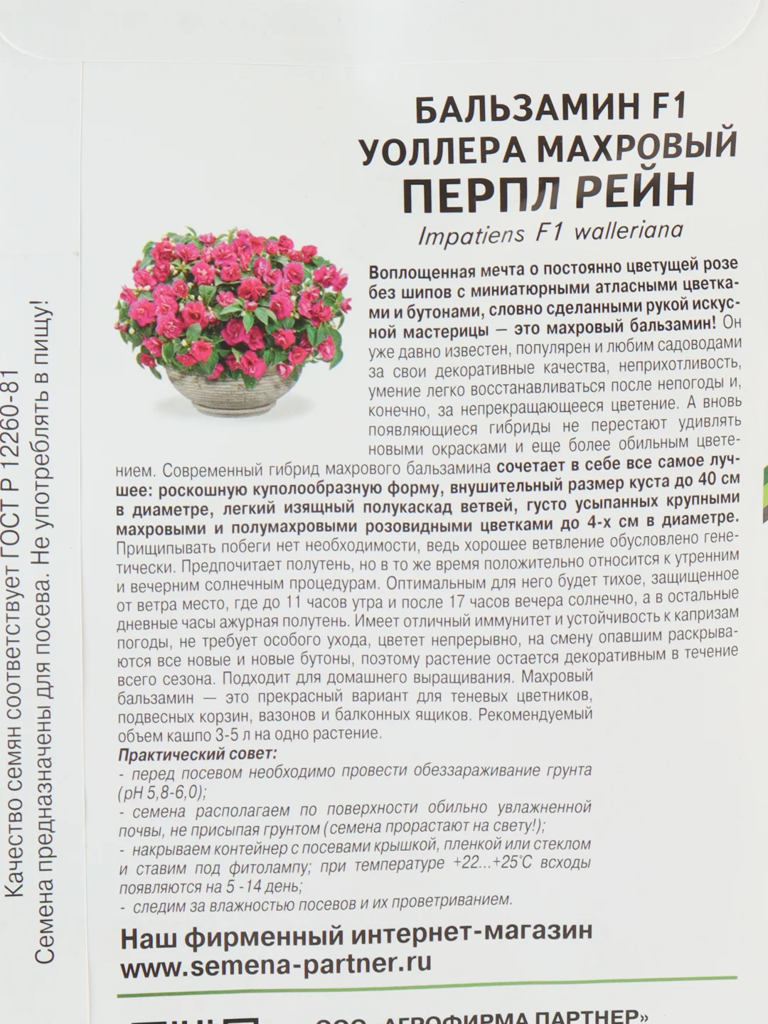 Бальзамин F1 Уоллера махровый Перпл Рейн партнер (семена,цветы)