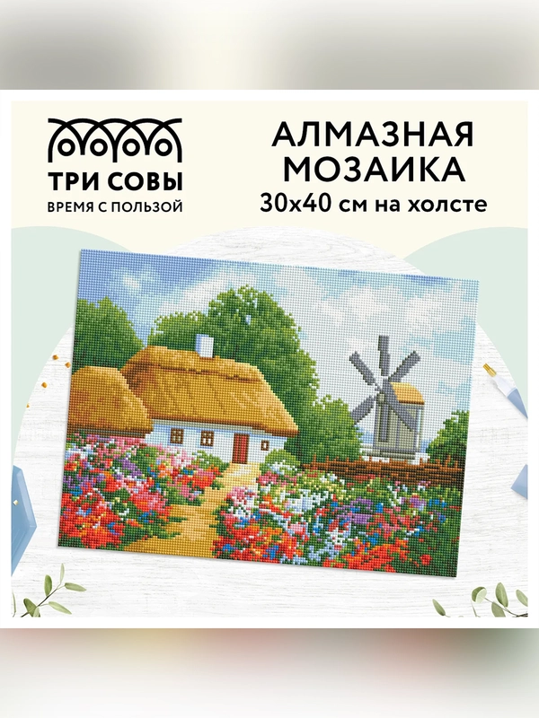Алмазная мозаика ТРИ СОВЫ "Хутор", 30х40 см, холст, картонная коробка с пластиковой ручкой