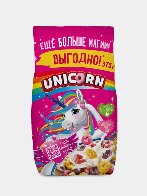 Готовый завтрак UNICORN Радужные колечки с фруктовым вкусом, 375 г