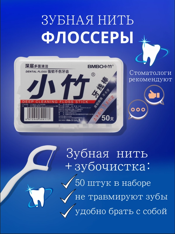 Зубная нить, флоссеры, зубочистки с зубной нитью в коробке