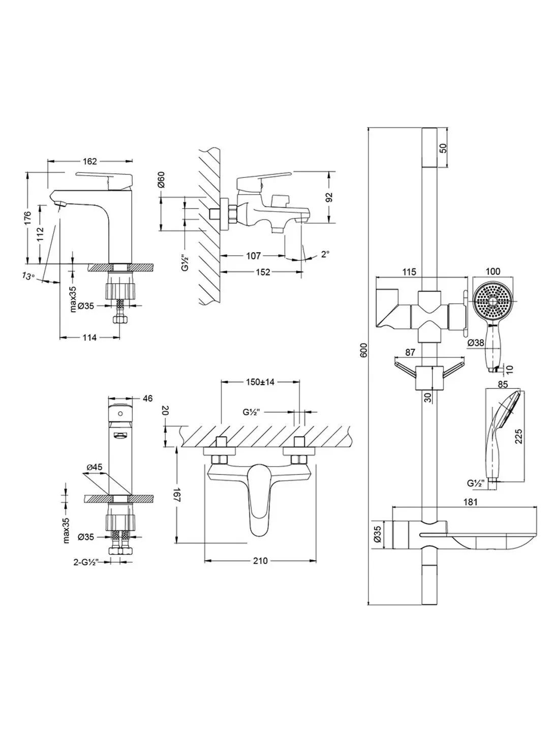Комплект смесителей для ванны Lemark Point LM0380C, "3 в 1"