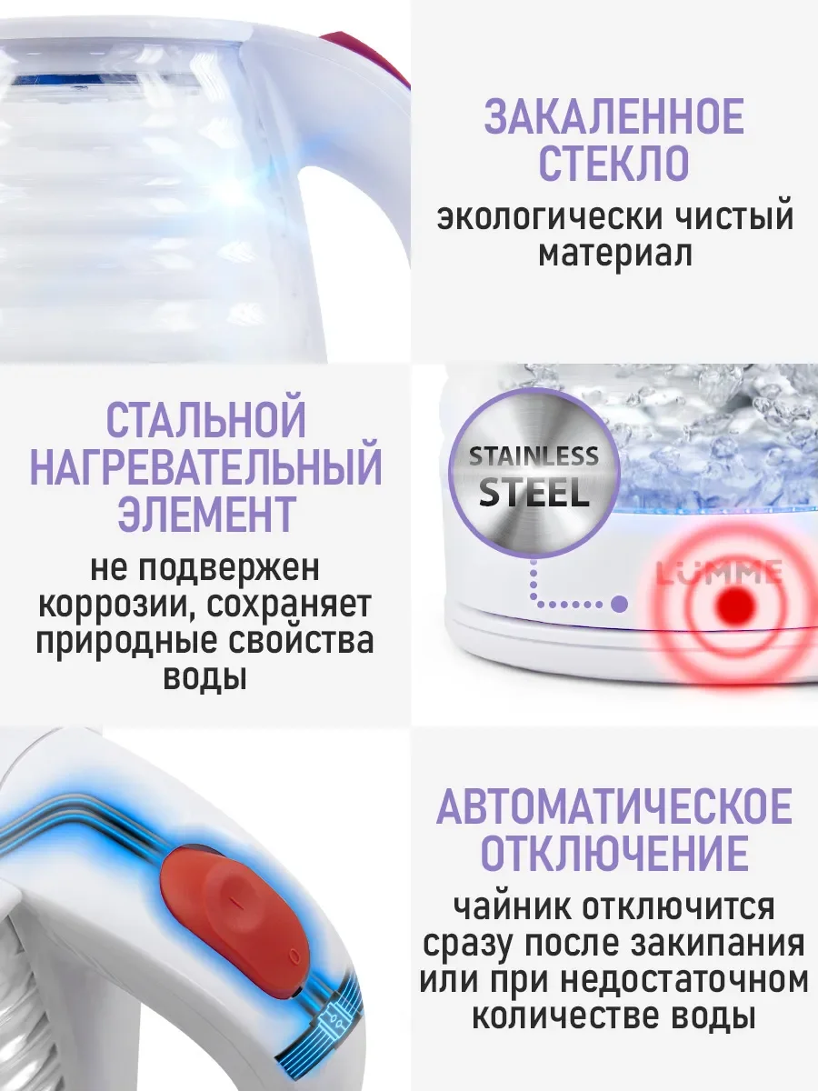 Красный чайник электрический LUMME LU-4100 стеклянный/ электрочайник 2л/ красный рубин