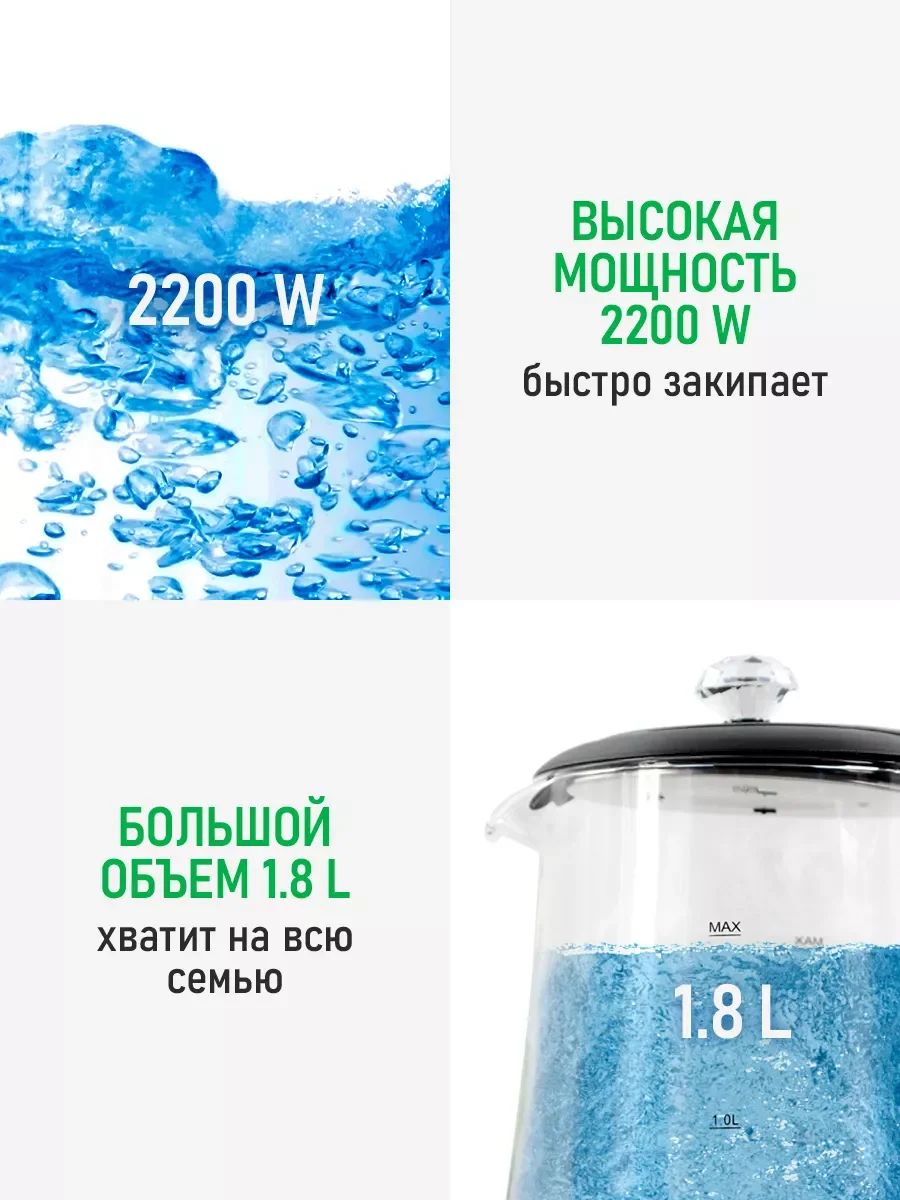 Черный чайник электрический MARTA MT-4642 стеклянный/ 2200W/ Объем-1,8л/ черный чайник