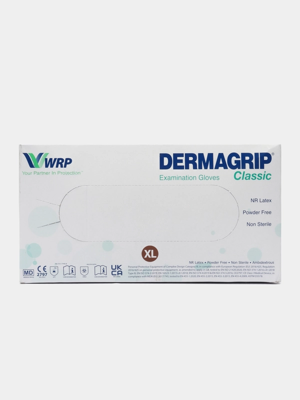 Перчатки медицинские одноразовые Dermagrip Classic, 630065, латексные смотровые 100 шт XL