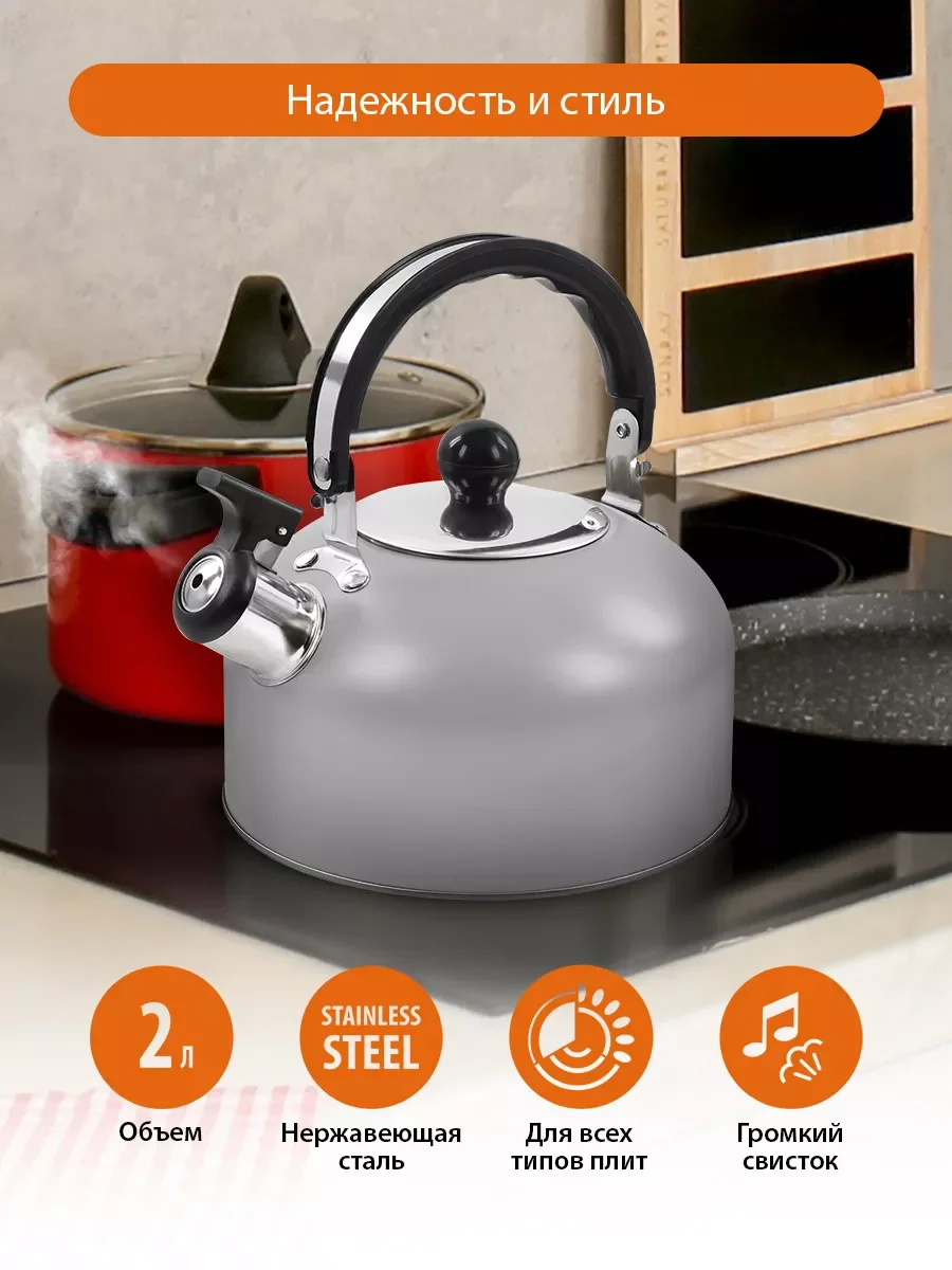 Серый чайник со свистком HOME ELEMENT HE-WK1602, 2л, нерж. сталь, светло-серый матовый