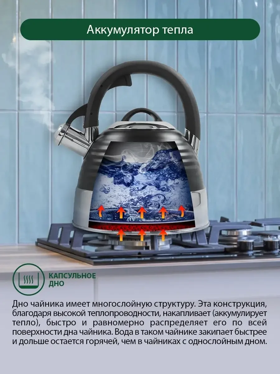 Черный чайник со свистком MARTA MT-3098 3 л, капсульное дно, нержавеющая сталь, черный матовый