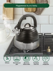 Чайник со свистком MARTA MT-3098 3 л, капсульное дно, нержавеющая сталь, черный матовый