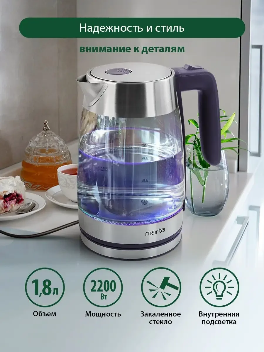 Прозрачный чайник электрический стеклянный MARTA MT-4553 индиго