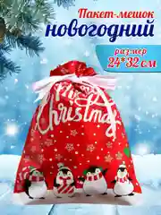 Красный подарочный пакет мешок новогодний,24*32 см, с завязками