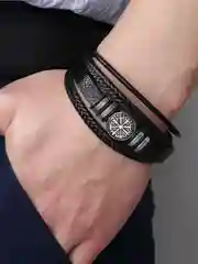Черный мужской браслет кожаный Вегвизир / многослойный / руны / на магнитной застежке