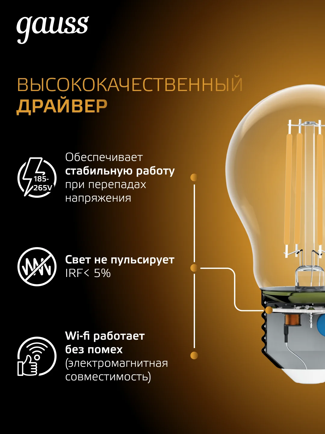 Лампочка светодиодная Е27 Груша 8W теплый свет 2700K УПАКОВКА 10 шт. Gauss Filament