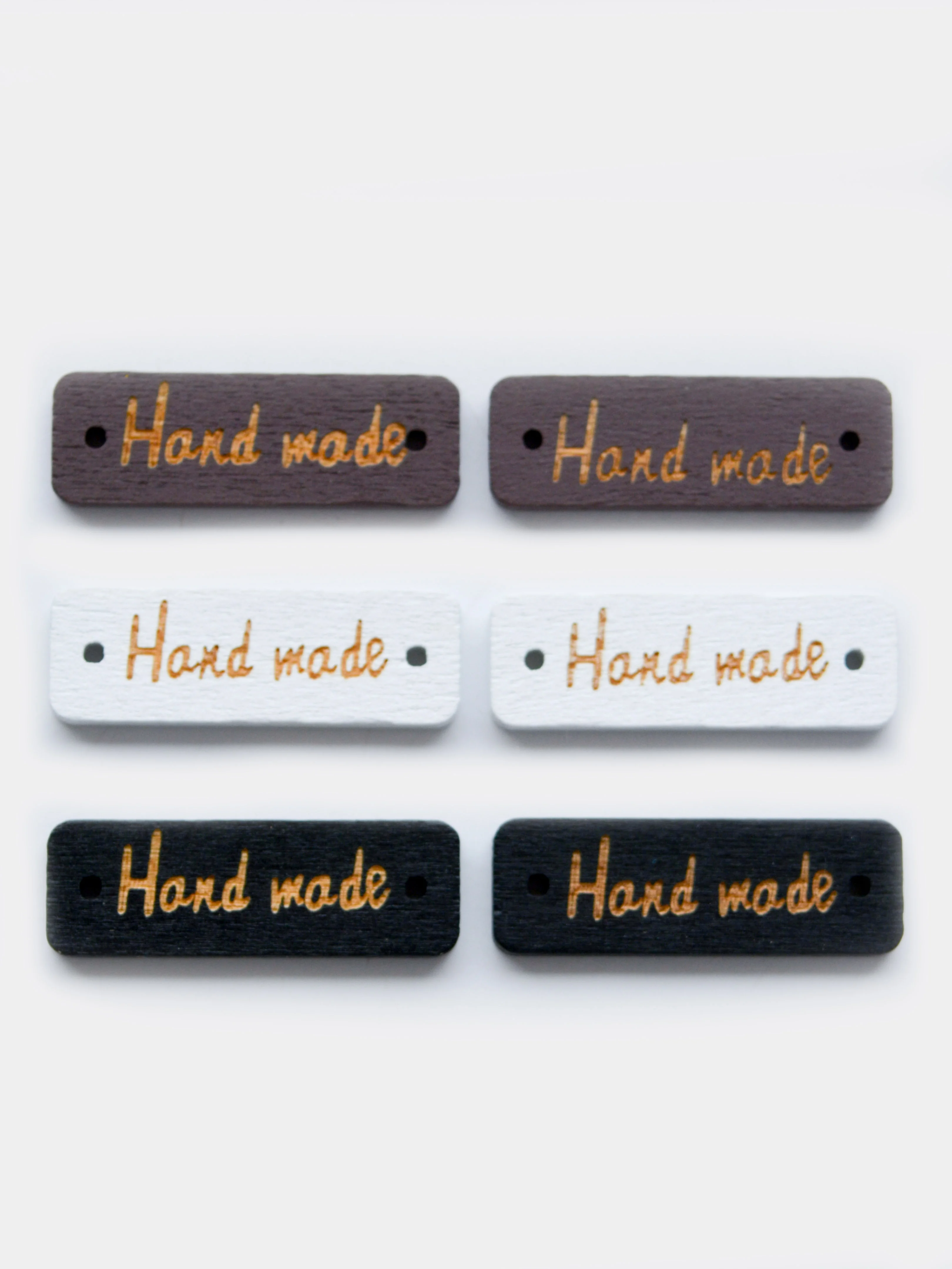 Разноцветный бирки деревянные "Hand made" ("Ручная работа"), прямоугольные, набор из 6 шт. 3 цвета
