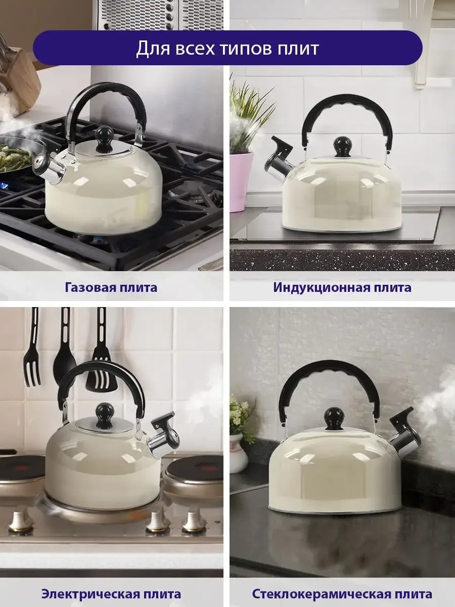 Бежевый чайник со свистком HOME ELEMENT HE-WK1602, 2л, нерж. сталь , бежевый опал