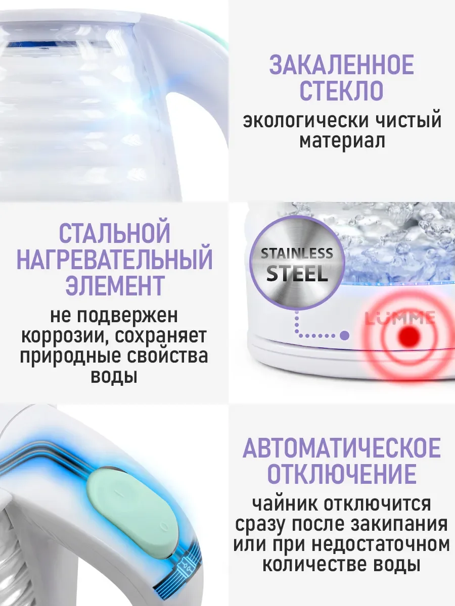 Бирюзовый чайник электрический LUMME LU-4100 стеклянный/ электрочайник 2л/ светлая яшма