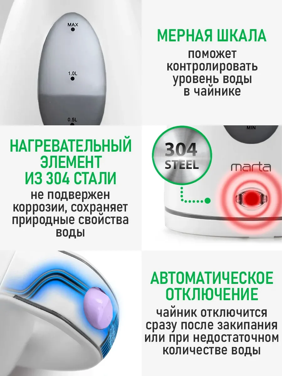 Белый электрический чайник MARTA MT-4638 / 2200W/ Объем-1,7л/ белый,лиловый